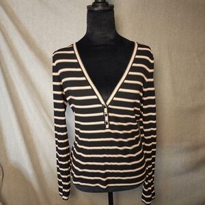 Veronica Beard Womens Medium Shailee Henley Top  Black Striped Knit Long Sleeve